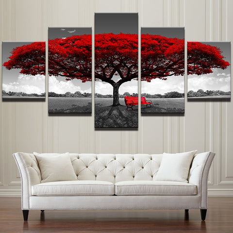 5 Pieces Landscape Red Tree Art Scenery